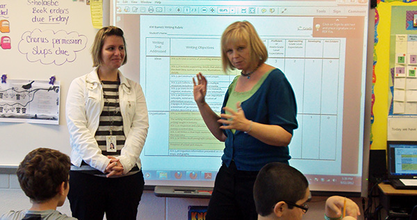 Teachers standing at a white board