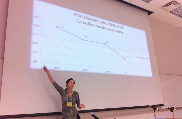 Instructor standing in front of a projector, pointing at a graph.