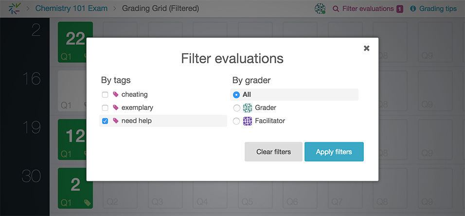 Filtering feature in the grading grid