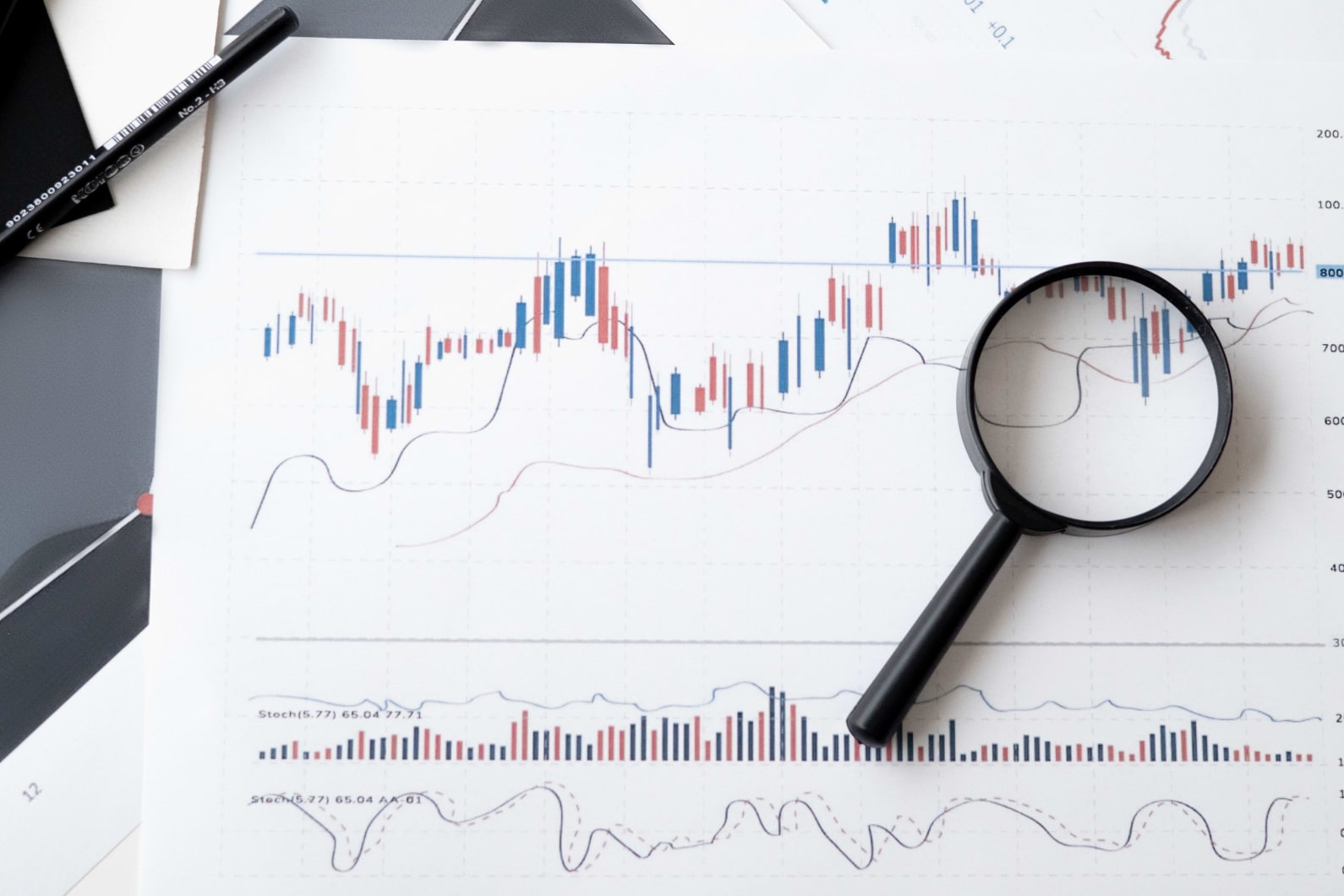 Paper with a graph showing a trend over time and a magnifying glass