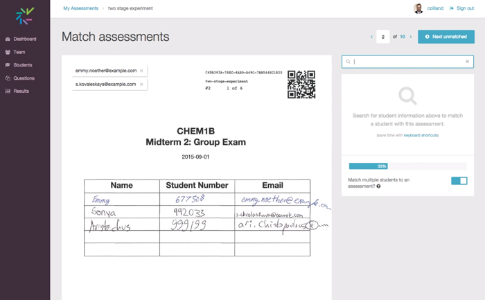 Interface for matching two stage exams