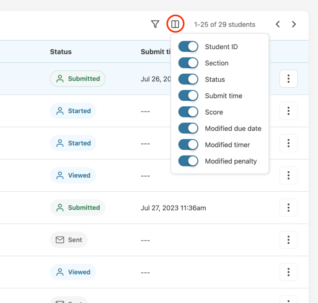 Column view menu expanded to show all available columns.