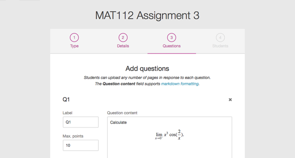 Screenshot of adding assignment questions during the assessment setup