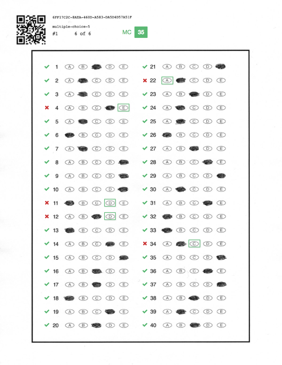 A graded multiple choice bubble sheet