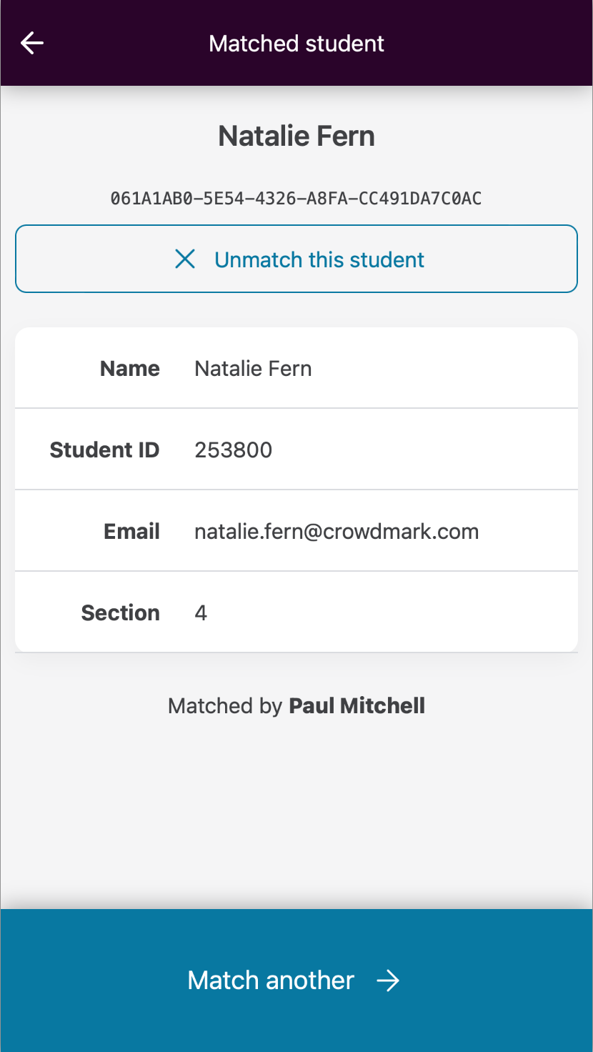 Student matched with Exam Matcher