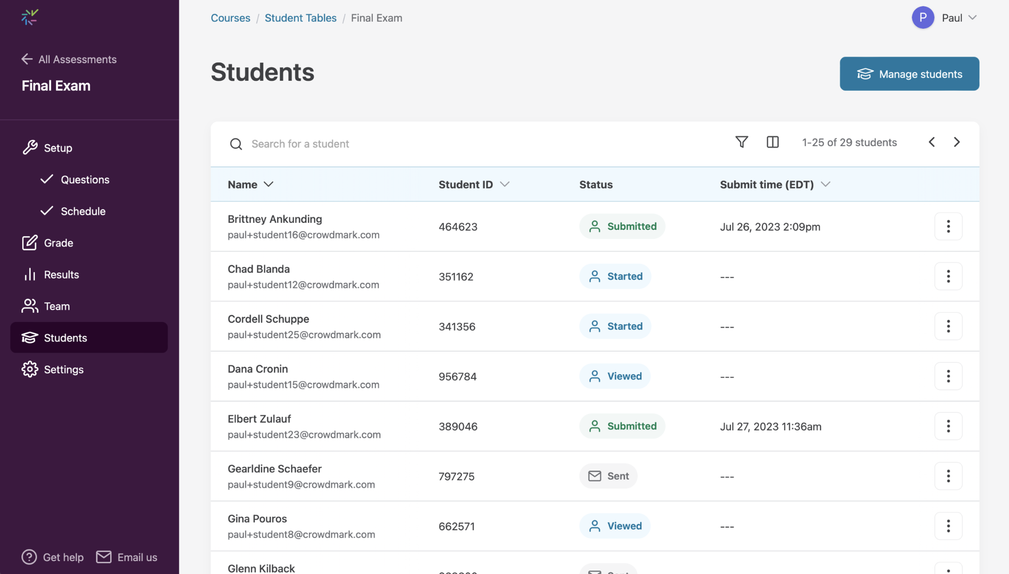 Student table for an assigned assessment.