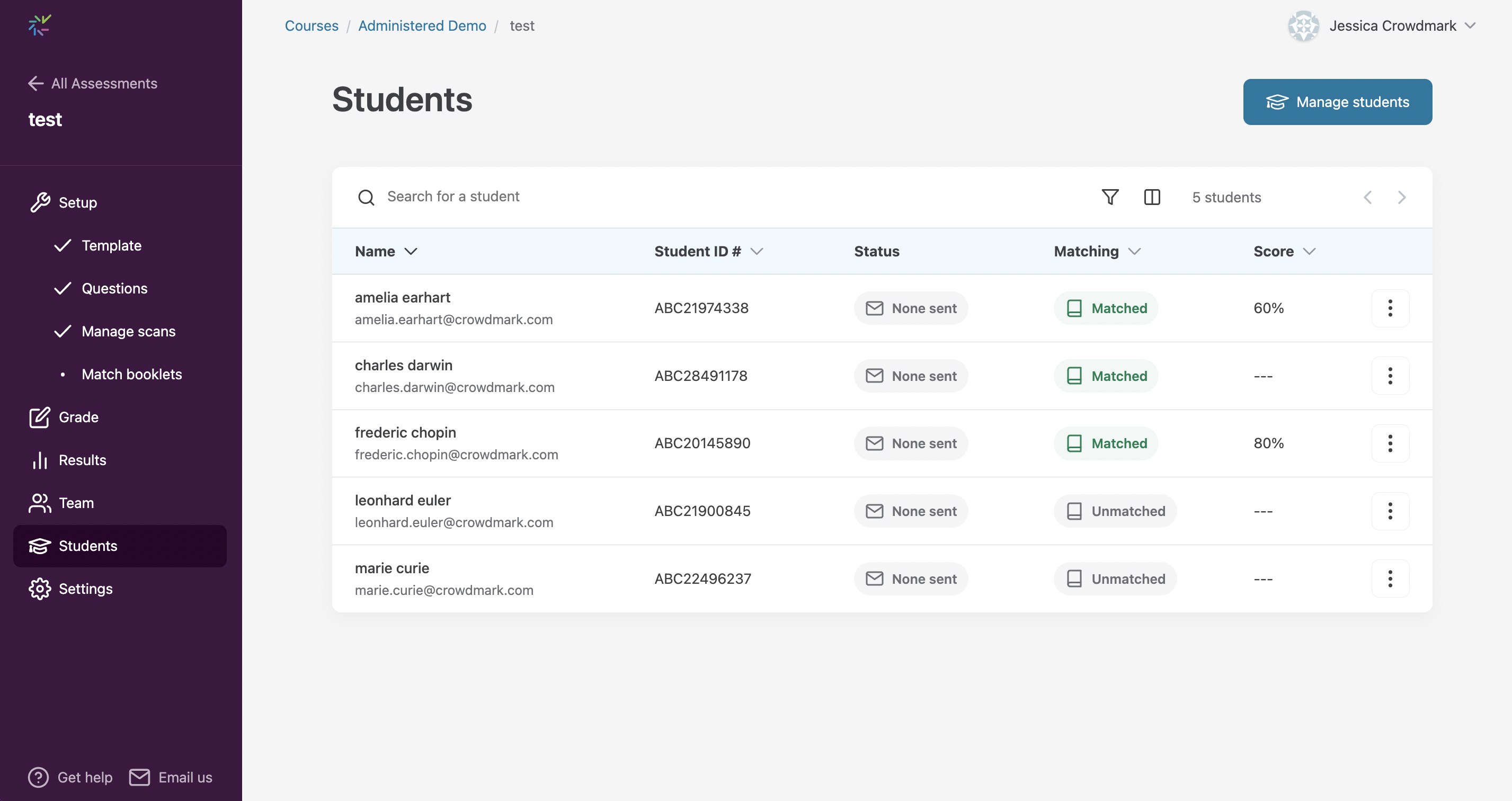 Student table for an administered assessment.