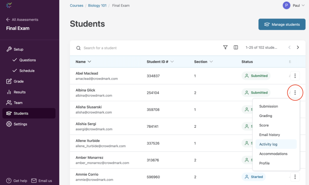 Student menu open with 'Activity log' highlighted.