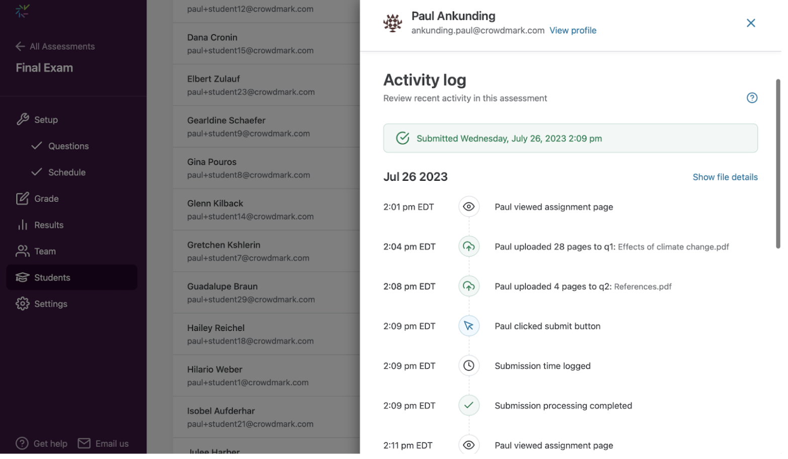 Activity log panel open showing recent actions taken by the student.