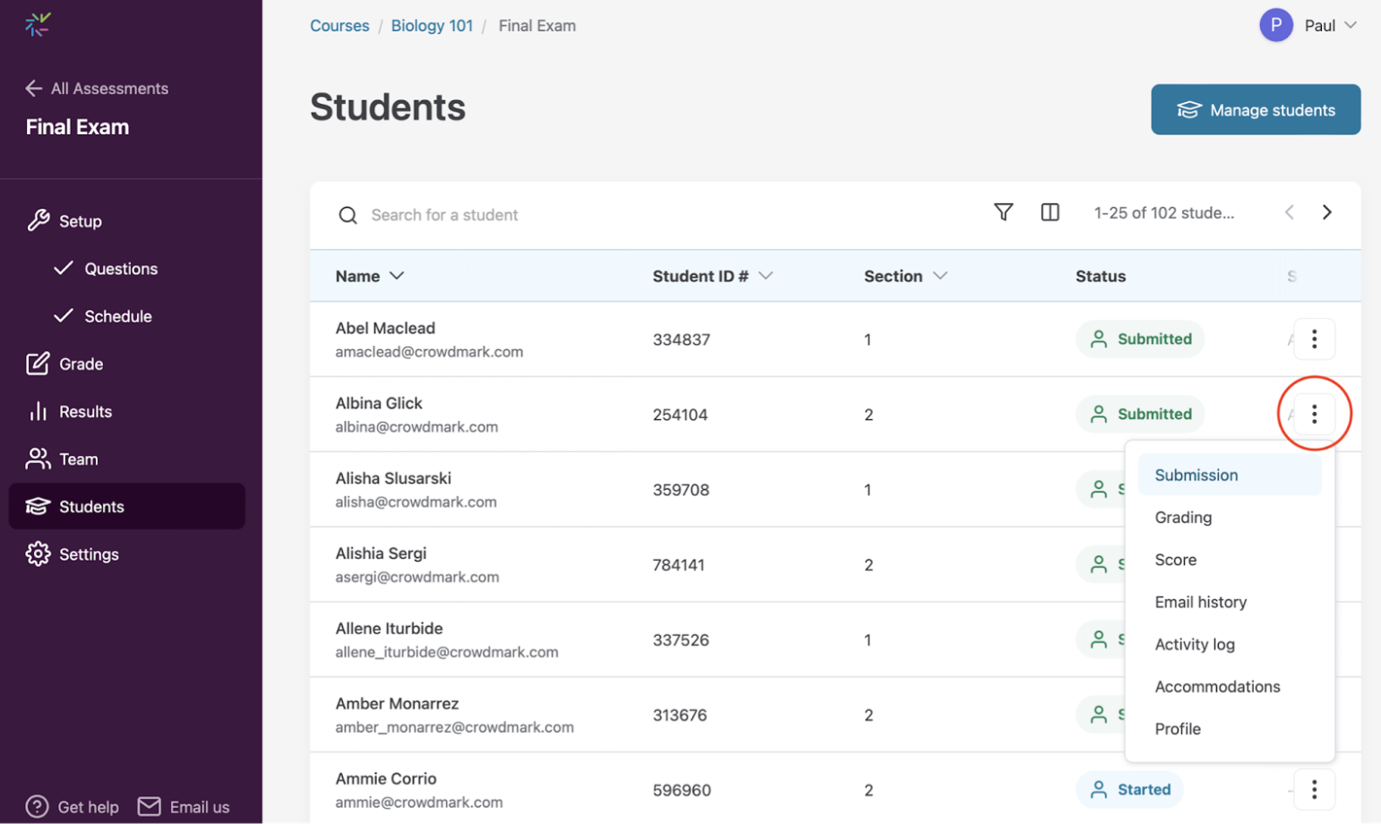 Student menu open with 'Submission' highlighted.