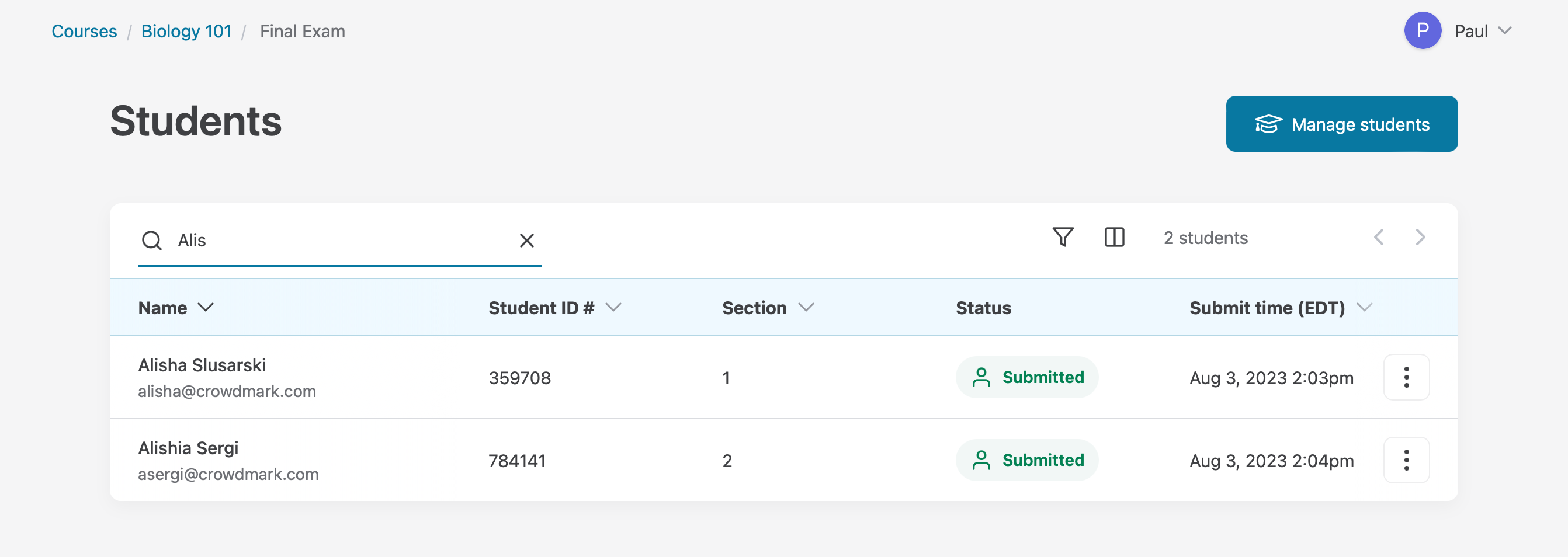 Search functionality is now integrated in the student table.